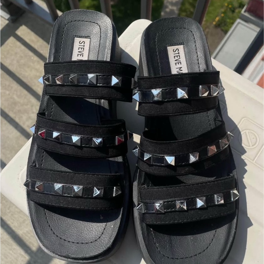 Steve Madden Black Wedge Platform Sandals with Silver Studs